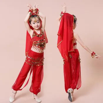 2017 Sari Lapsed India Tantsu 2-3-4-5-osaline Kostüüm Sätestatud Popp Tantsu Kostüümid Tüdrukute punane/roosa punane/kollane 3 värvid