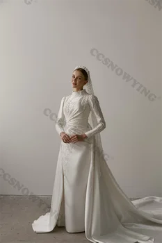 Elegantne Satiin Pikad Varrukad Moslemi Occurence Short Gown Islami Pruudi Kleit Kõrge Kaeluse Beaded Hijab Araabia Rüü Fe Mariée