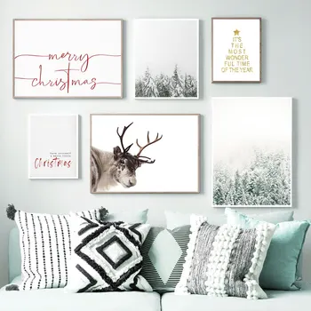 Jõulud Deer Pildi Laadi Lumi, Puud Maalid Seinale Skandinaavia Plakat Põhjamaade Seina Art Lõuend Maali Home Decor