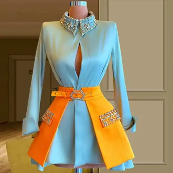 Taevas Sinine Kokteili Kleidid-line Kõrge Krae, Pikad Varrukad Lühikesed Mini Beaded Koju Haute Couture Kleidid
