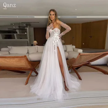 Qanz Boho Tülli Pulm Kleidid Olkaimeton Appliques Pikk Rida Rüü De Mariée Kõrge Pool Pilu, Backless Kleit Naiste Elegantne Luxu
