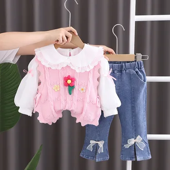 Korea Fashion Beebi Tüdruk Jõulud Riided Laste Õie Kootud Kampsun Vest Valge Särgid, Teksad Imiku Riided Kids Komplekt