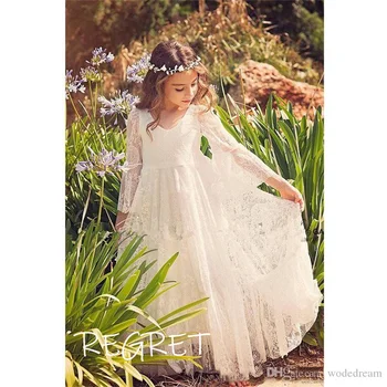 2023 Uus Valge Pits Printsess Esimene Õhtusöömaaeg Kleidid Tüdrukute Õhuke Pikkade Varrukatega Boho lilleneiu Kleit Rannas Pageant Dress