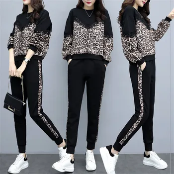 tracksuit naistele, naiste sügis fashion Leopard püksid +crop tops sobib naiste suured kaheosalised komplektid pusad