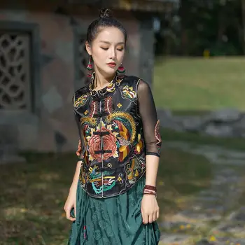 2023 hiina etnilise stiili tikitud lill lühike vest varrukateta seista krae jakk, vintage naiste hiina retro pluus s450