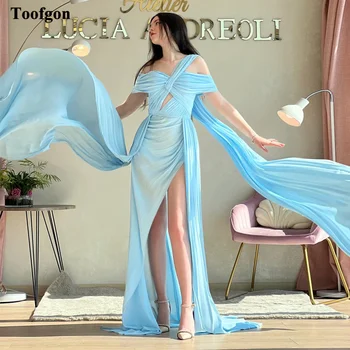Toofgon Lihtne Light Blue Sifonki Ametlik Pool Kleidid, Plisseeritud Maha Õla Ballile Hommikumantlid Korea Naised Pilu Sünnipäeva Kleit