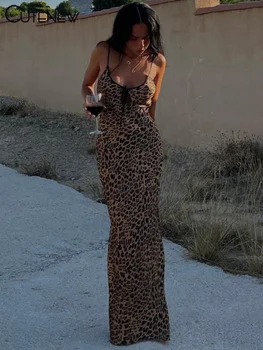 Cutenew Naiste Leopard Trükitud Maxi Kleit, Elegantne Spagetid Rihm Backless Pits-up Rüü Kõhn Retro Kleidid Vestidos Uus 2023