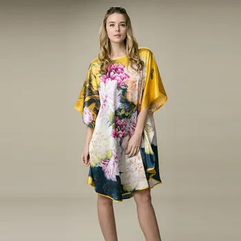100% Silk Satiin Kleit Naturaalne Siid Naiste Kleit Uus Desigual Mugav Lahti Stiilis Golden Pojeng Lilleline Muster Trükitud Kleit
