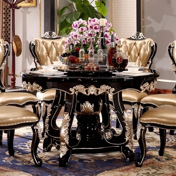 Euroopa söögilaud kõik täispuidust pöörleva ümarlaud Neoklassikalise ebony marmor Ameerika söögilaud ja tool kombinatsioon