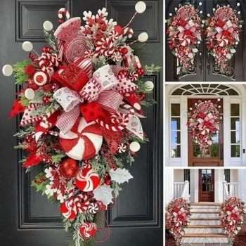 Jõulud Pärg Vanik Candy Cane Vibu Ornament Xmas Välisuks Rippus Seinal Home Decor