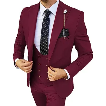 Lansboter Burgundia Meeste Ülikond 3 Tükki Äri Slim Pulmad Hooldajat Kõnniteed Töö Tuxedos Komplekt Jakk, Vest Kirjega Püksid
