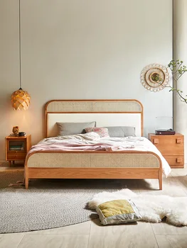 Põhjamaade täispuidust, pehme voodi kodu magamistuba lihtne, kaasaegne voodi loominguline rotangist voodi
